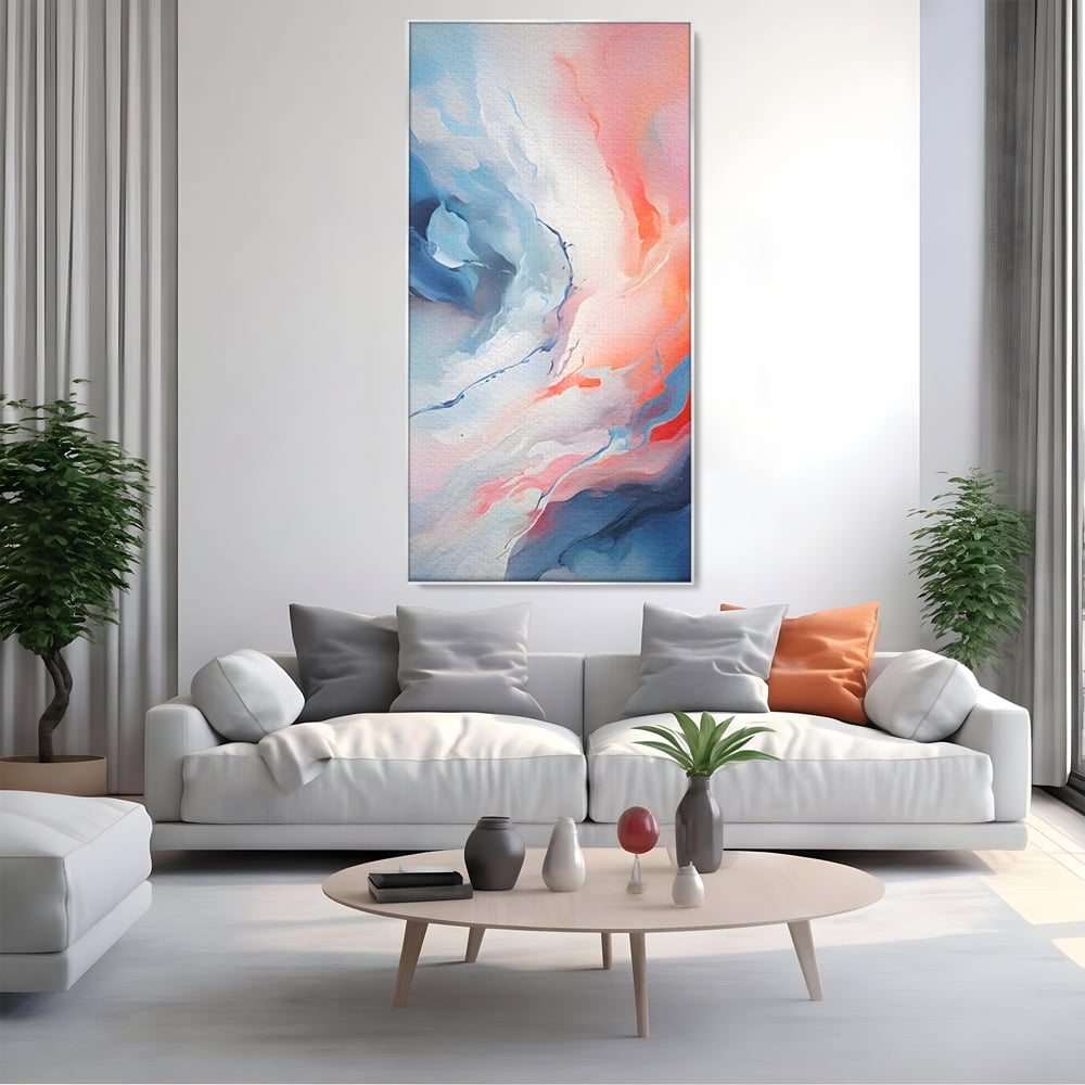 Tablou canvas cu pictura abstracta cu valuri cromatice, in rama de aluminiu argintiu, pe perete intr-un living